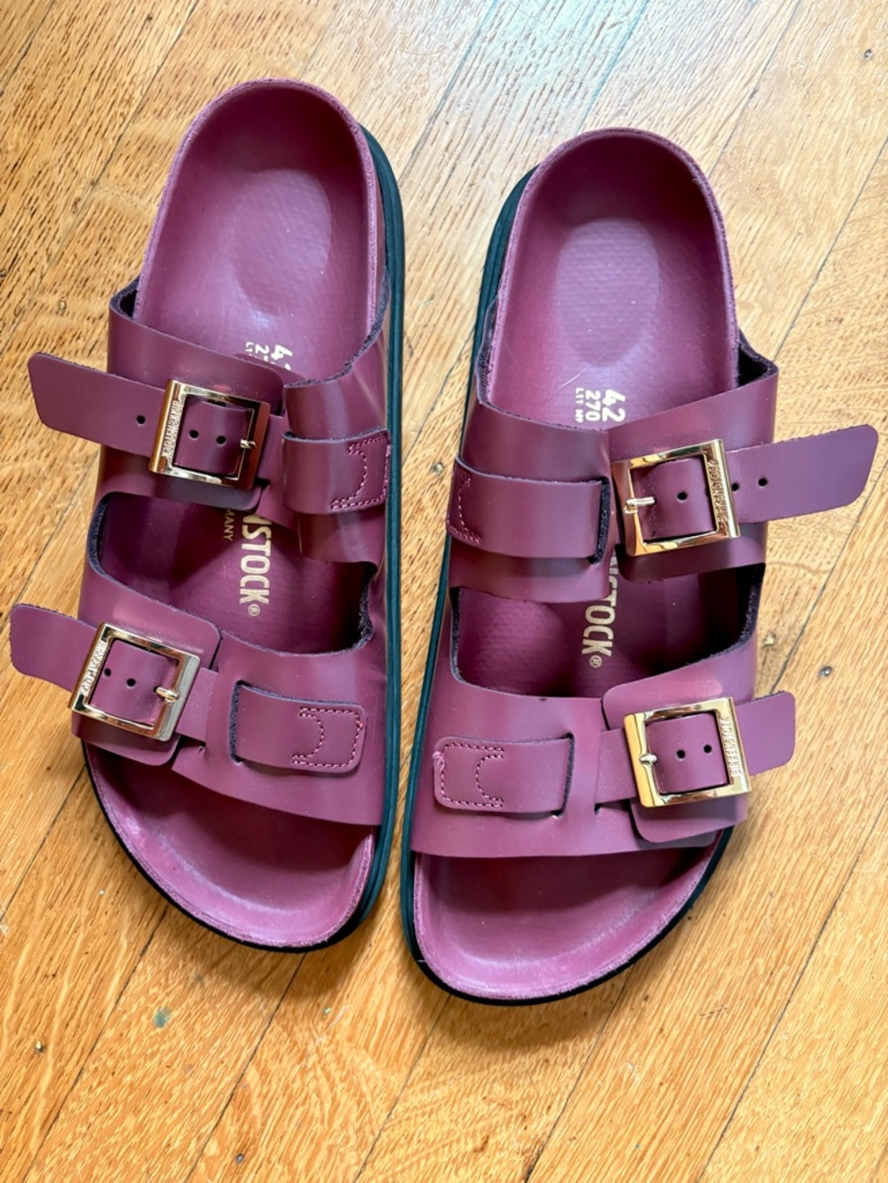Birkenstock Arizona Dual-Buckle Sandals in Burgundy with Gold Buckles - Picture 2 of 4